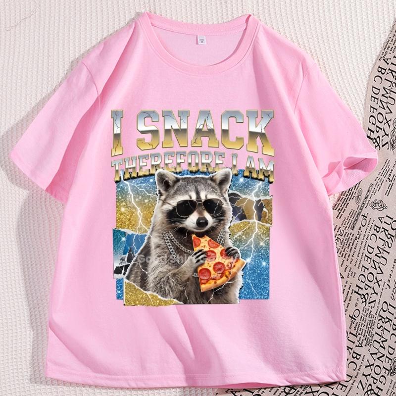 Raccoon Pizza TShirt I Snack Therefore I Am Graphic Tees Funny Animal Lover T Shirt Retro Cotton Short Sleeve Round Neck Tee