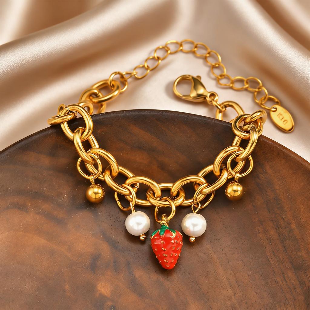 Trendy Sweet Red Cherry Strawberry Bracelet for Women, 18K Gold Plated Stainless Steel Charm Bracelet,No-fading Delicate Jewelry