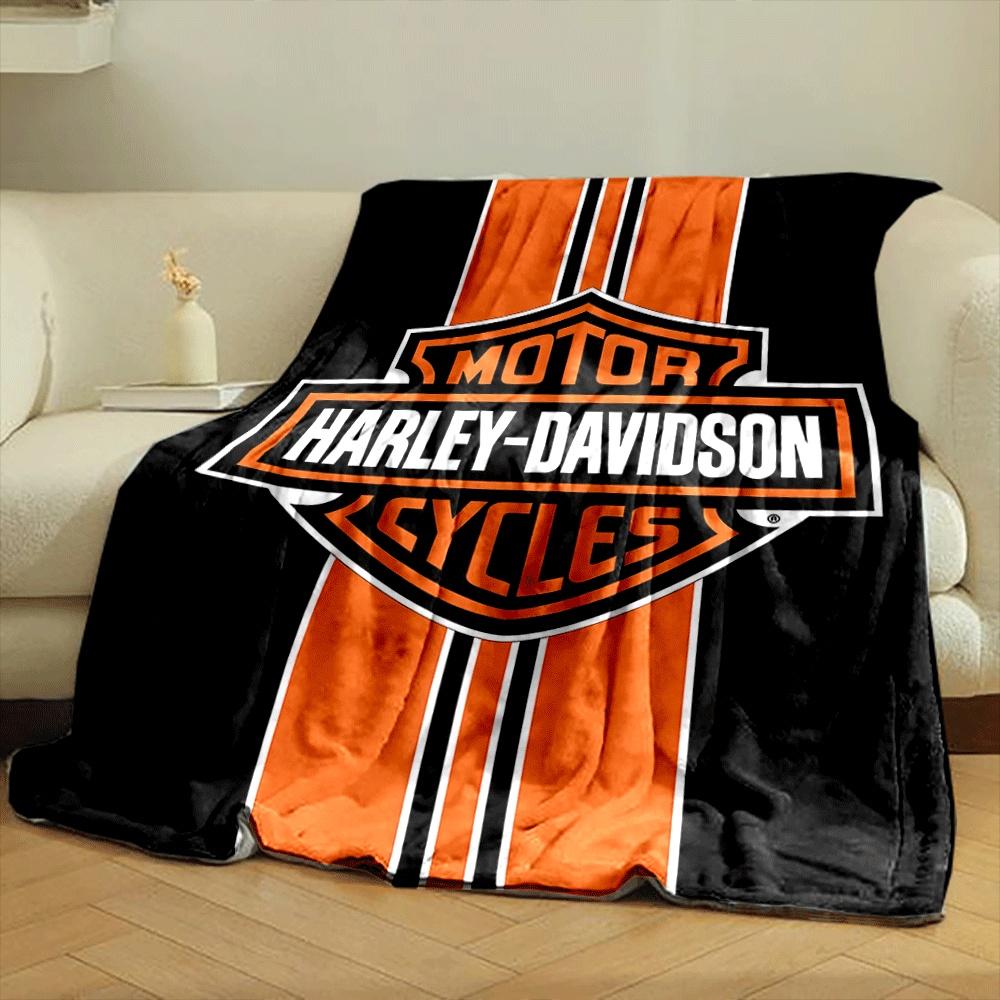 Bold Orange Vertical Stripes with a Harley-Davidson Logo On a Black Background. for All Seasons Blanket Lunch Break Throw Gift