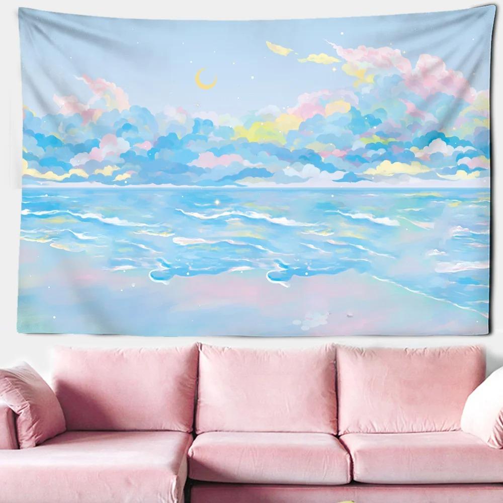 Pink Cloud Moon Starry Sky Hanging Cloth Office Living Room Tapestry Home Wall Decoration Tapestry