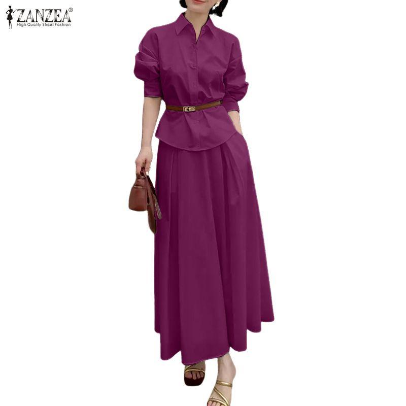 ZANZEA Damen Langarmbluse und Lange Röcke Lässige Zweiteiler Anzugsets