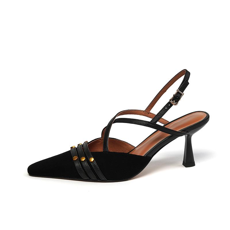 

Fashion 2025 New French Sexy Feminine Pumps Retro Pointed Toe Slingbacks Ladies Shoes Buckle Strap Suede Leather Heels Shoes Women Shoes 34 чёрный