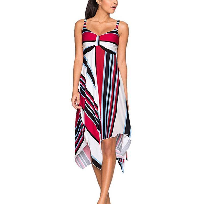 Fashion Summer Womens Sleeveless Vneck Dress With Irregular Printing And Strap Details