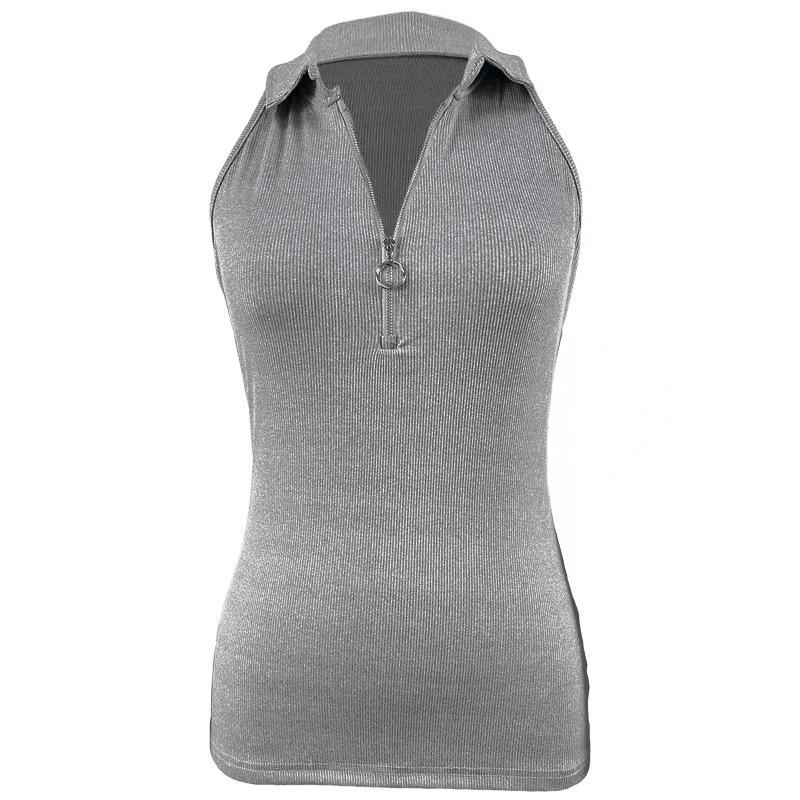 2024 Spring/Summer Women's Solid Color Ribbed Zip-Up Vest, Casual Fashion T-Shirt