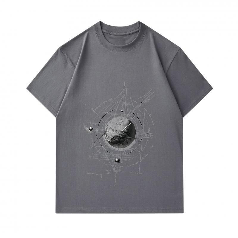 Men's 100% Cotton Crew Neck Short Sleeve T-shirt, Abstract Geometric Tech Globe Print Casual Comfortable Tee for Daily Street Wear, Soft Breathable Re