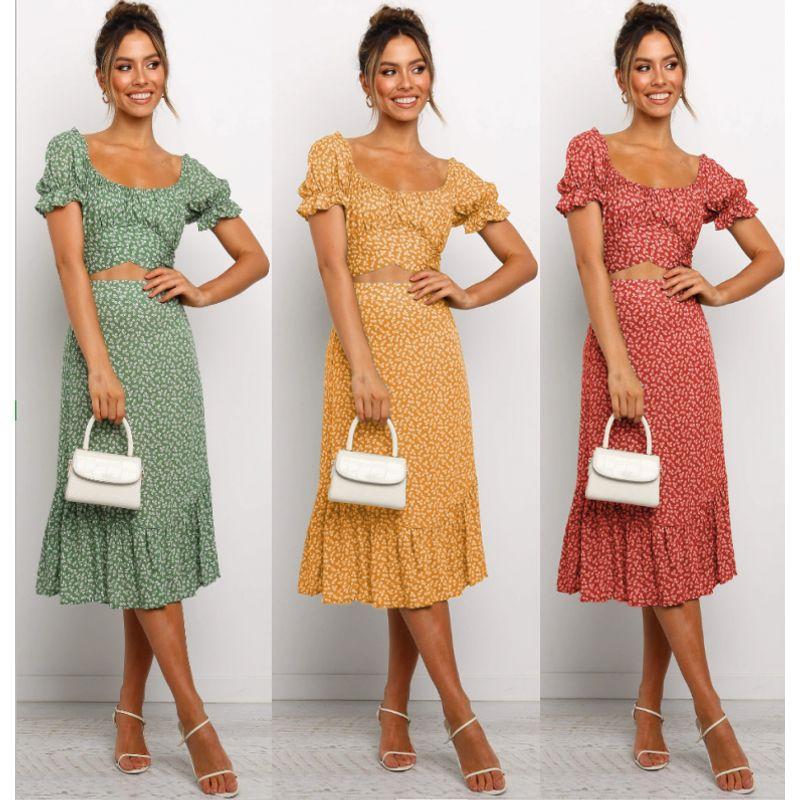 

Amazon Print round Neck Strap Midriff Outfit Set Long Dress Yellow XL