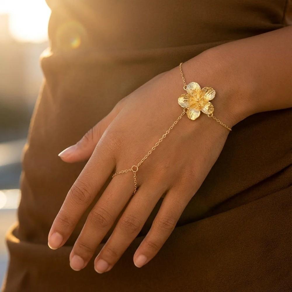 Trendiges Elegantes Blume Handkette Metalltextur Dünne Kette Fingerring Armband Zierlicher Handschmuck Damenschmuck Zubehör