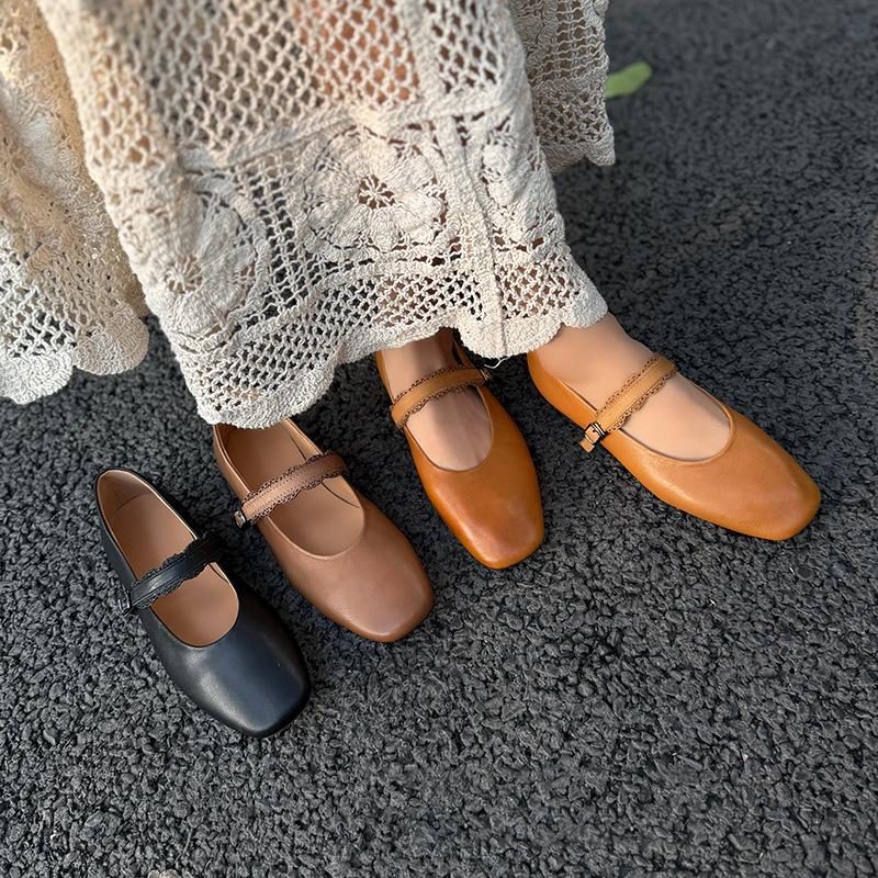 Johnature Genuine Leather Buckle Strap Women's Flats Shoes Retro Square Toe Soft Soles Solid Color Shoes