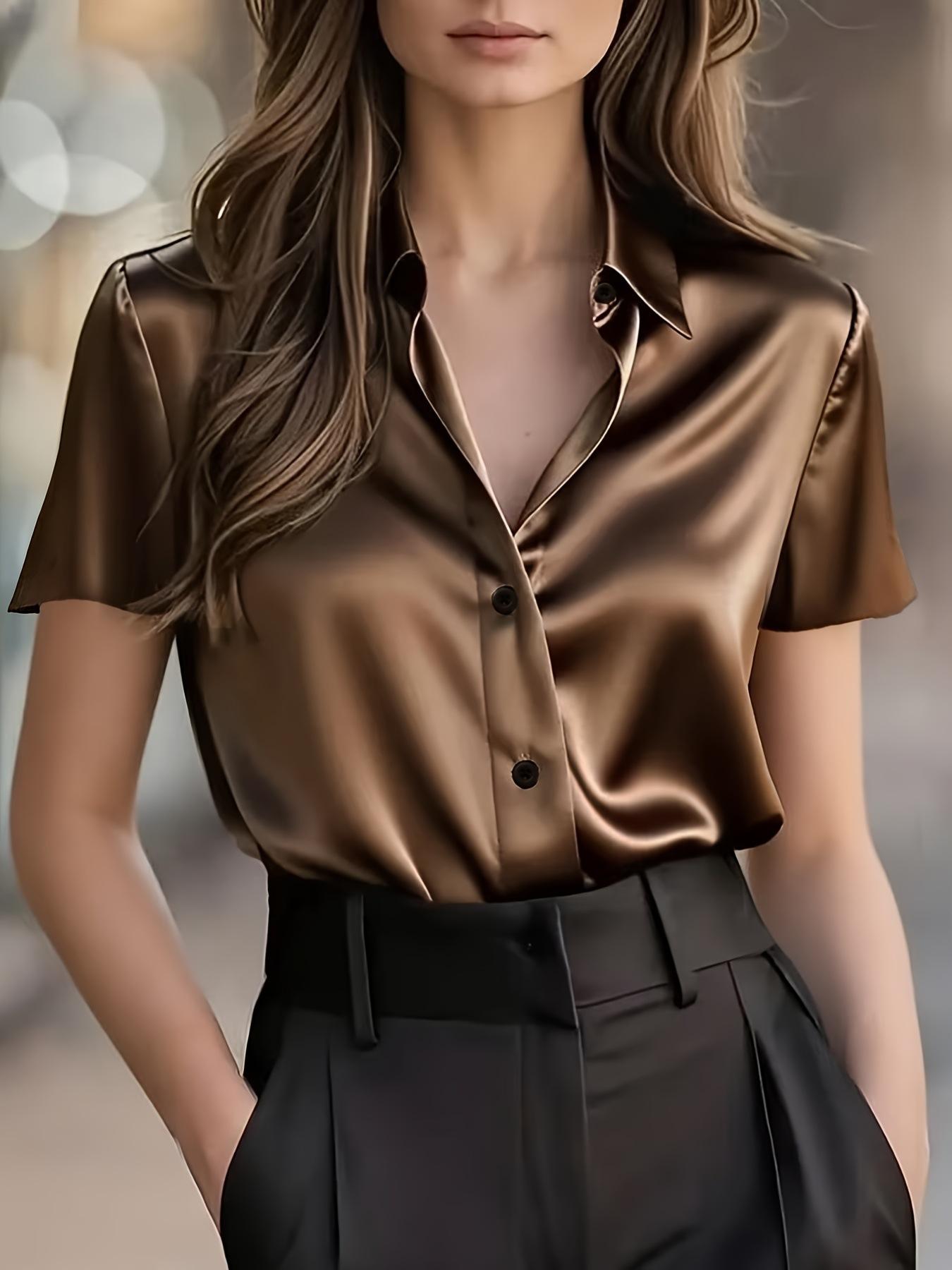 

women s Glossy Satin Short Sleeve Regular Fit Collared Blouse Casual Office Shirt Top 5XL темно-коричневого кольору