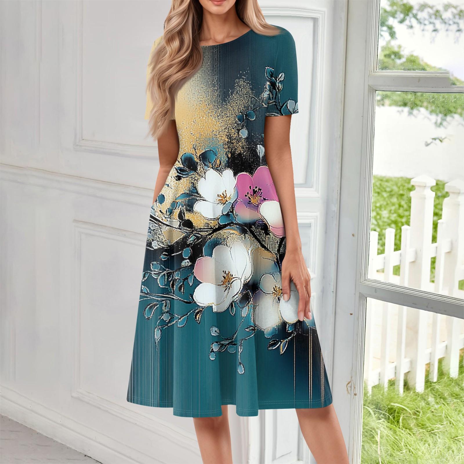 

Женское повседневное модное платье миди с круглым вырезом и коротким рукавом с принтом XL белый