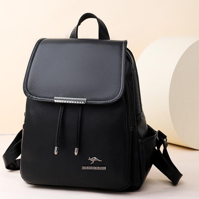 Women's Solid Color Schoolbag Large Capacity Soft Leather Backpack Female Travel Bag