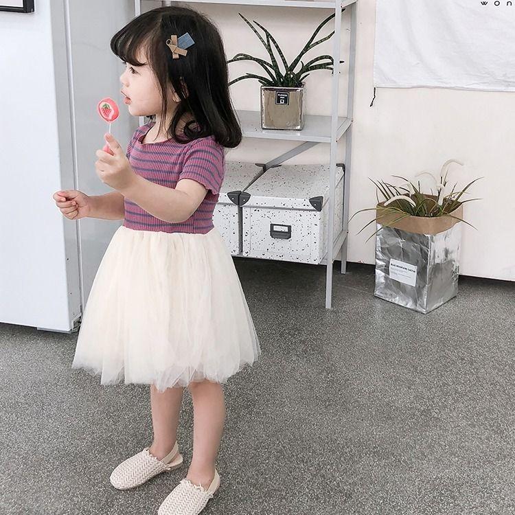 Girls Summer Dress Princess Dress Short Sleeved Gauze Striped Dress Cute A-line Mesh Dress