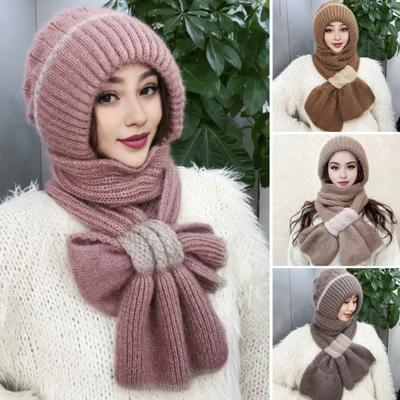 Winter Knitting Hat Scarf Warm Windproof Ear Protection Cold Weather Outdoor Cycling Women Handmade Knitted Beanie Hat Neck Warmer Scarf