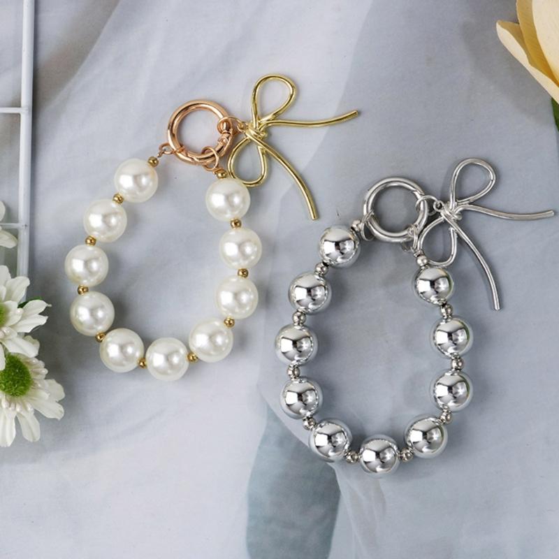 Delicate Keychain with Beaded Bowknot Phone Charm Unique Keyring Bag Pendant for Car Key Wallet Backpack Purse