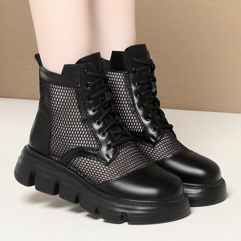 5cm Breathable Comfortable Thick Bottom Falt Paltform Shoes Women Ankle Boots Summer 2025 Cutout Mesh Leather Boots Office Mom