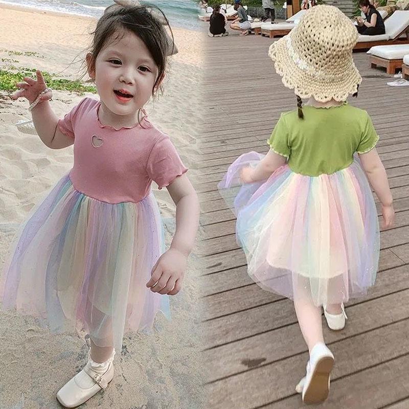 2026 Girls' Korean-Style Rainbow Princess Dress: Trendy Summer Gauze Skirt