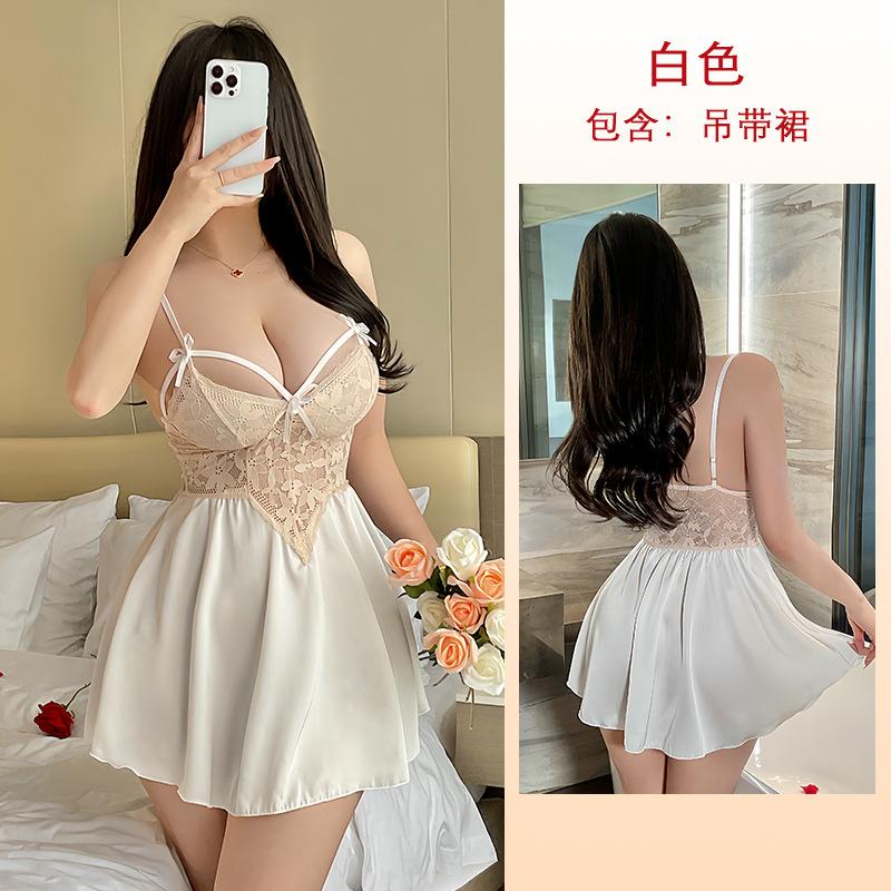 Rochie de noapte cami din satin cu petice de dantelă Sexy Decolteu adânc Decor cu fundă Lenjerie scurtă Îmbrăcăminte de casă 416 Îmbrăcăminte de dormit dulce seducătoare cu accente romantice de fundă