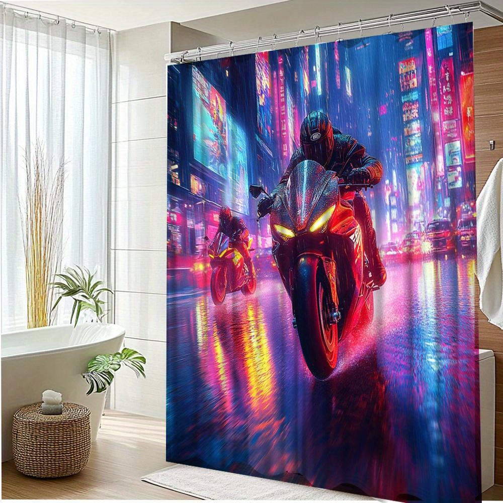 Neon Motorcycle Race Waterproof Mildew-Resistant Shower Curtain - Futuristic Design for an Exciting Bathroom Décor Experience