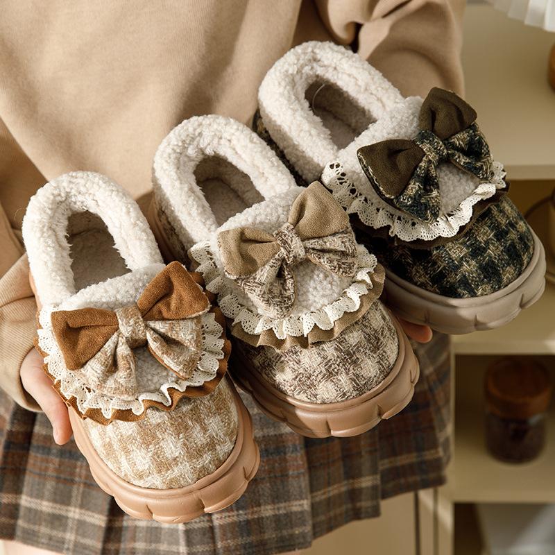 Bow cotton slippers 2025 new indoor home thick-bottomed velvet thermal bag and slippers winter