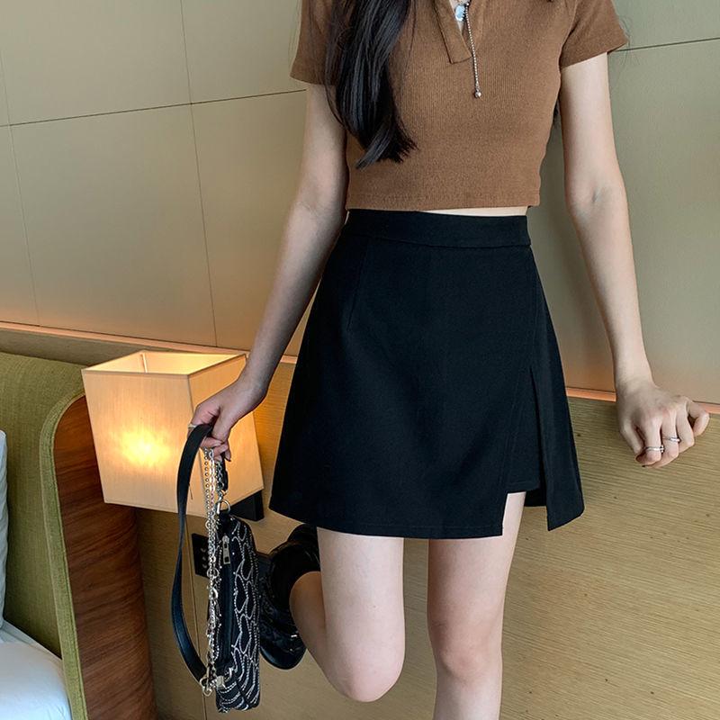 Plus Size Black High Waist Slit Midi Skirt - 2025 Summer A-Line Slimming Irregular Design
