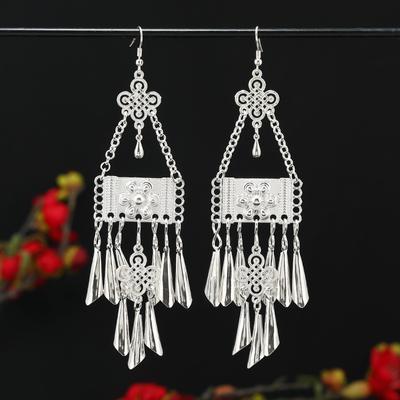 New Chinese Ethnic Style Miao Silver Earrings, Retro Long Fringed Earrings, Women's Chinese Style Niche Temperament Yunnan Earrings