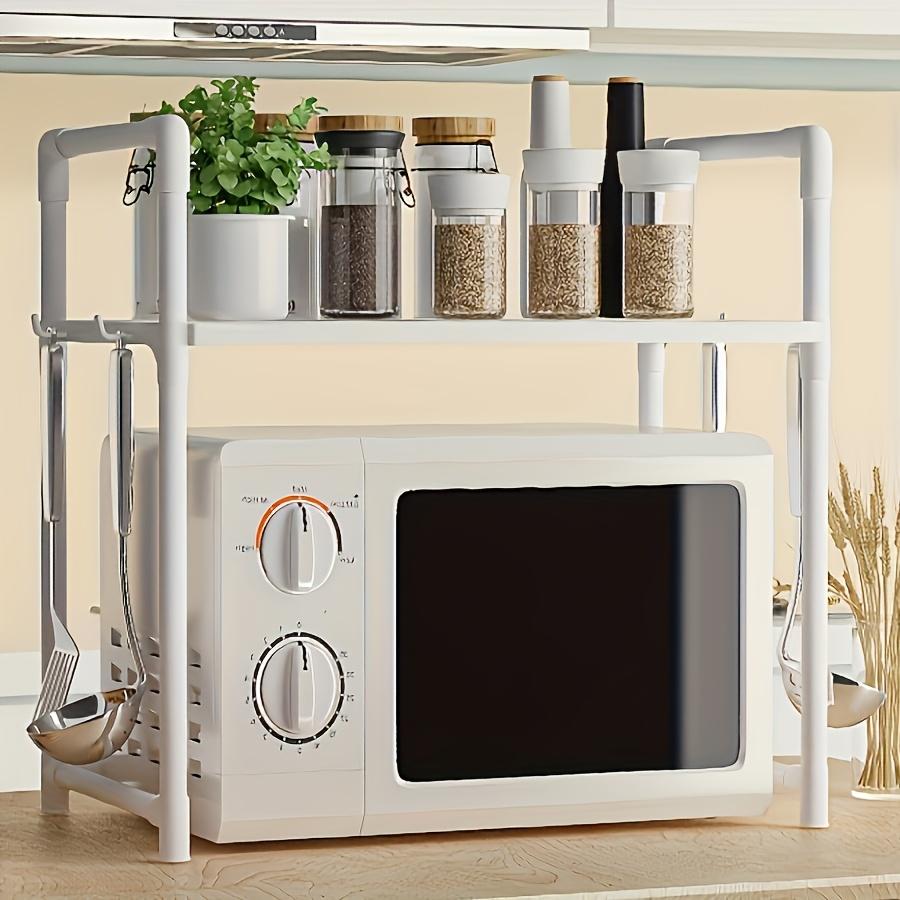Open Storage Kitchen Rack with Microwave Oven Compartment - Durable Plastic, Two-Tier Design for Efficient Organization, Features Utensil Holders