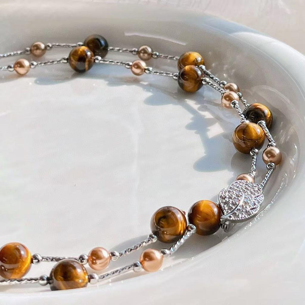 Maillard Natural Boutique Tiger's Eye Stone Imitation Tahitian Pearl Various Wearing Methods Sweater Chain Collarbone Chain Necklace