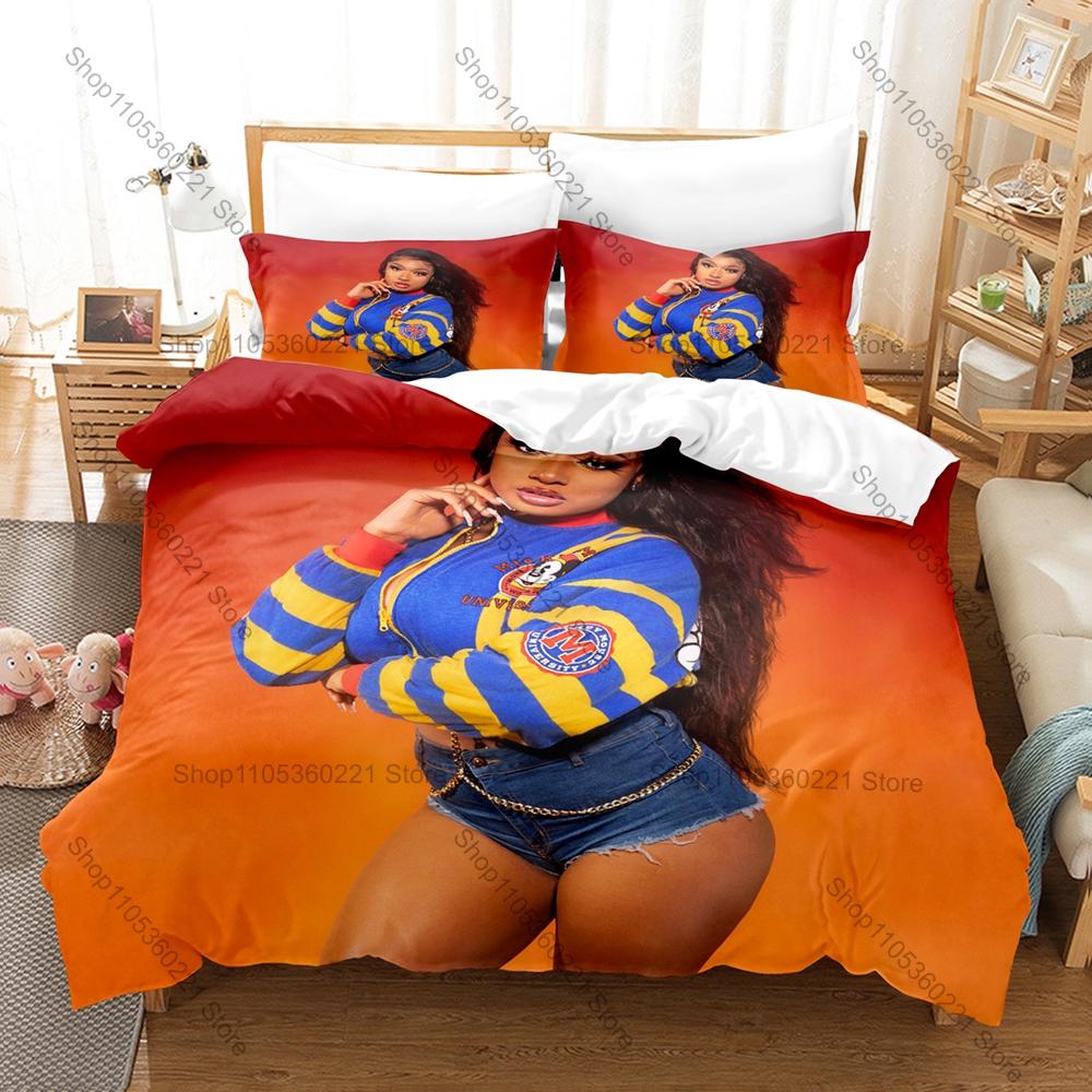 Megan Thee Stallion Duvet Cover + 2 Pillowcases Neon Hip Hop Abstract Graphic 3Pcs Zipper Quilt Cover For Rap Music Collector