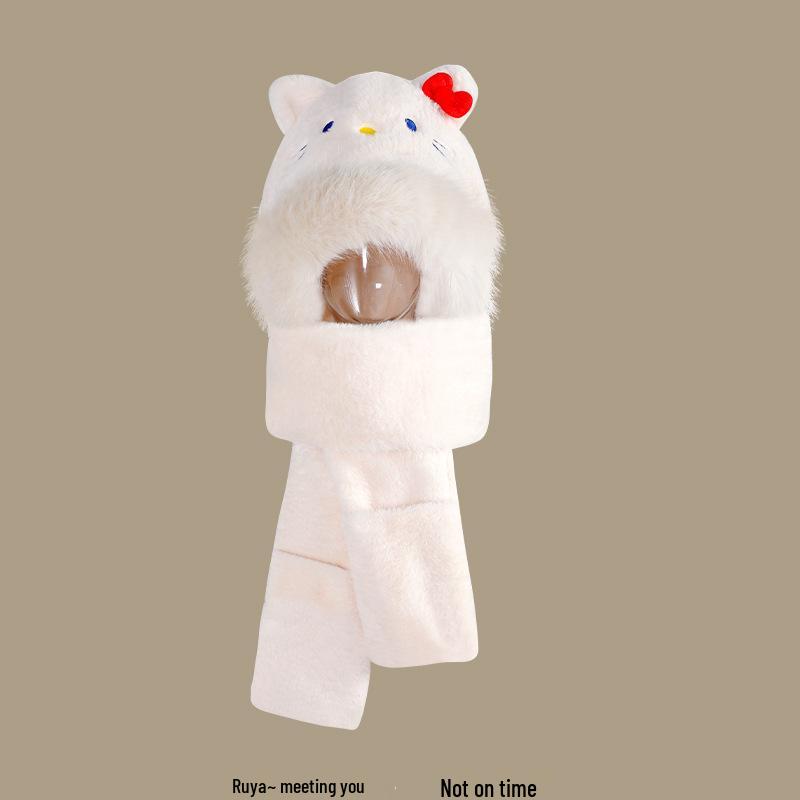 Women's Cozy Fox Ear Plush Hat with Integrated Scarf - Warm, Soft Lei Feng Design for Autumn and Winter. Perfect Ear Protection for Students.