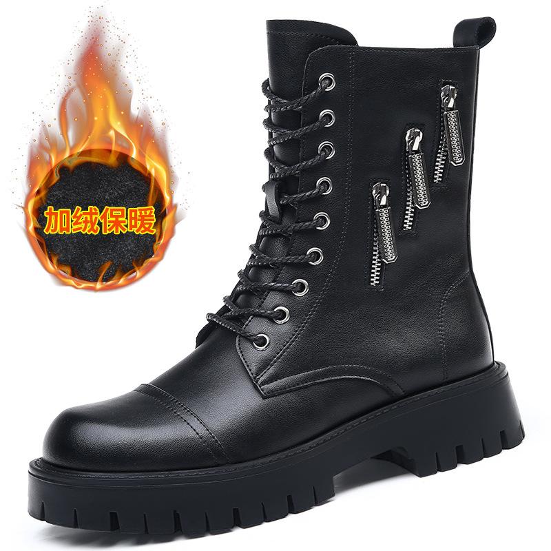 Hole big head thick-soled Martin boots men's tooling boots trendy high-top winter velvet thermal locomotive leather boots