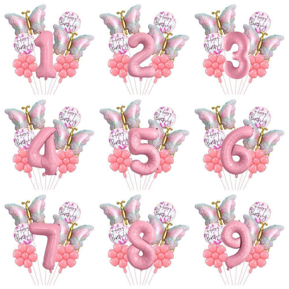 Palloncini Numerici Farfalle Rosa Materiale Foil Palloncini Fiore Happy Birthday 1-9 Palloncini Foil Forniture per Feste di Compleanno