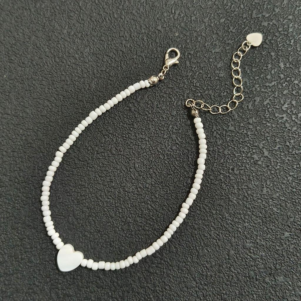 Bohemian White Rice Bead Anklet with Heart & Mother-of-Pearl Pendant