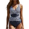 Women's Fashion One-Piece  V-Neck Striped Ruched Belly Concealing Backless Bikini Swimsuit