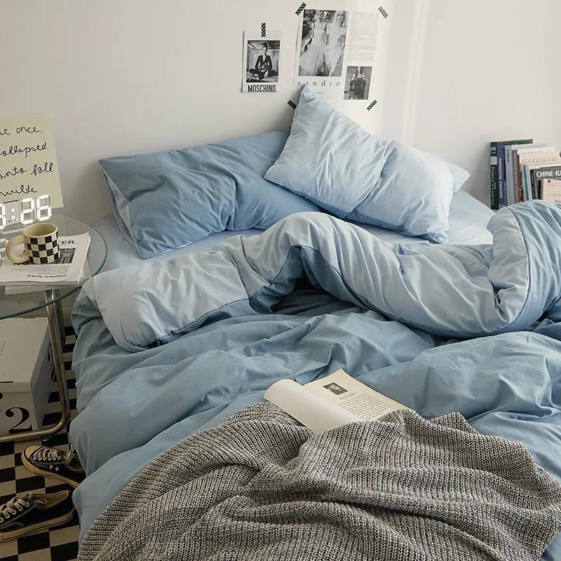 Fashion Solid Color Bed Sheet Style Duvet Cover Set Ab Double-Sided Color Matching Comfortable Sets Washed Cotton Bedding
