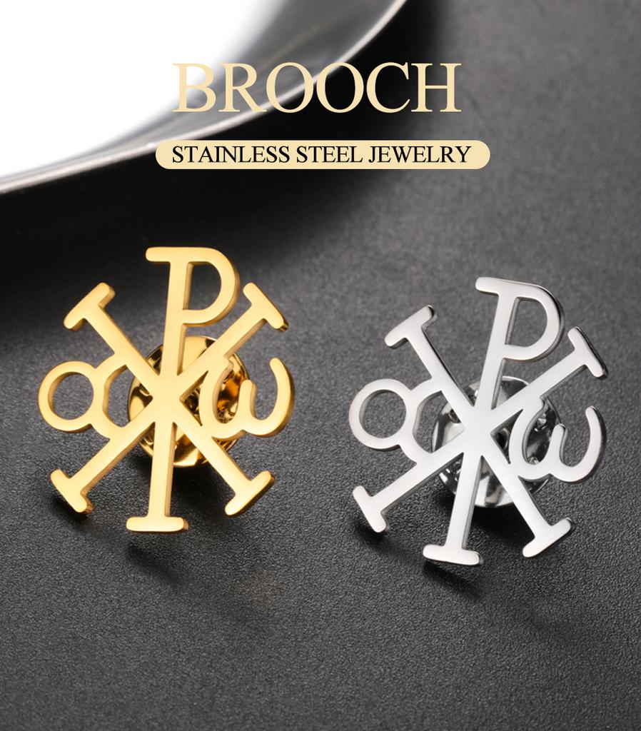 Dawapara Chi Rho Cross Brooch Pins Christogram Greek Symbol Religious Jesus Christian Jewelry Stainless Steel