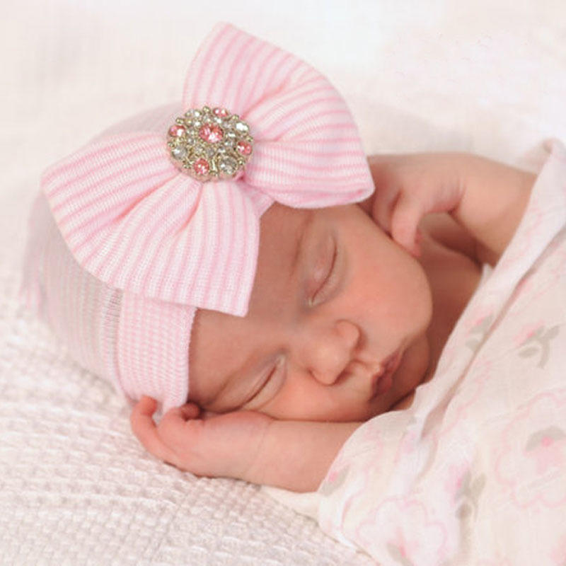 Cute Kawaii Bow Newborn Hat Baby Hats Nursery Hospital Beanie Cap Solid Color Striped Infant Hat Soft Turban Hats for Baby Girls