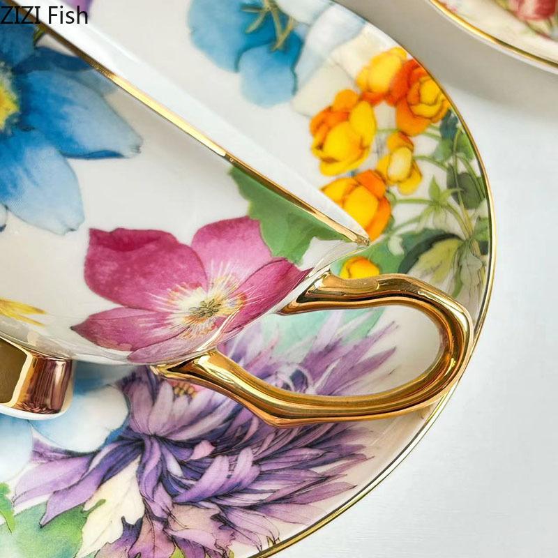 Brilliant Flowers Pattern Ceramic Cup&saucer Gold-plated Coffee Mug Dining Table Milk Mugs Afternoon Tea Teacup Fruits Juice Cup