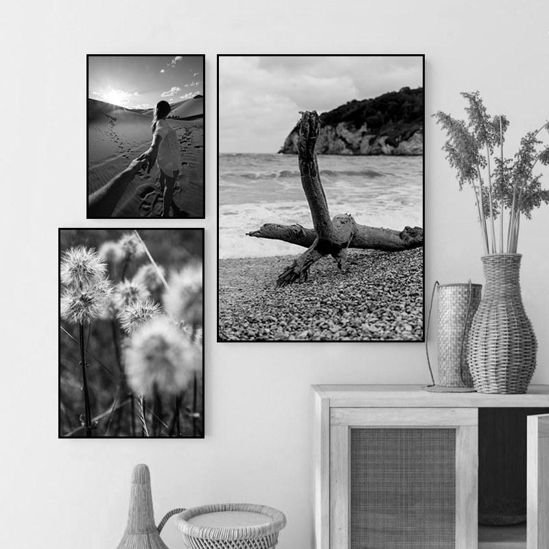 Holding Hands Couple Art Prints Poster Black White Seaside Scenery Picture Beautiful Dandelion Flower Wall Decor HD0117