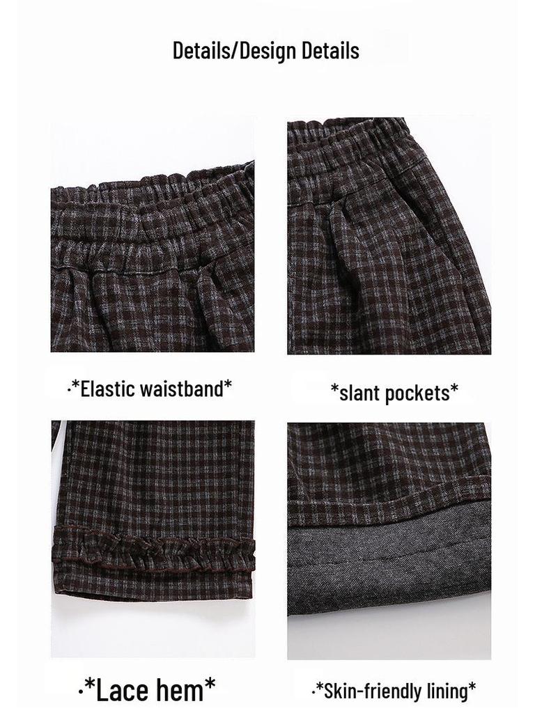 Herbst 2025 Karierte Spitzenhose mit geradem Bein für Mädchen – Stilvolle und vielseitige Freizeitkleidung