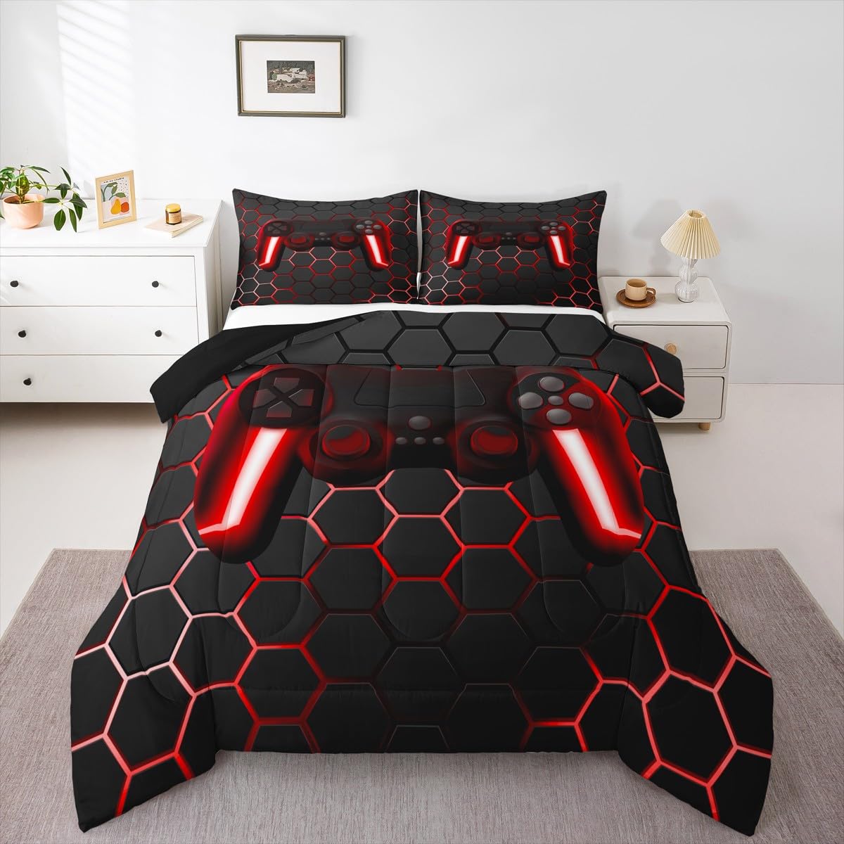 Game Bedding Sets for Boys,Gaming Comforter Set Twin,Kids Gamer Duvet Set Neon Lights Gamepad Bed Set for Teen Men Bedroom,geometric Honeyco 155x200cm