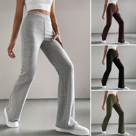 Women Pants High Waist Solid Color Ribbed Casual Trousers Slim Fit Spring Autumn Sporty Trousers Daily Wear