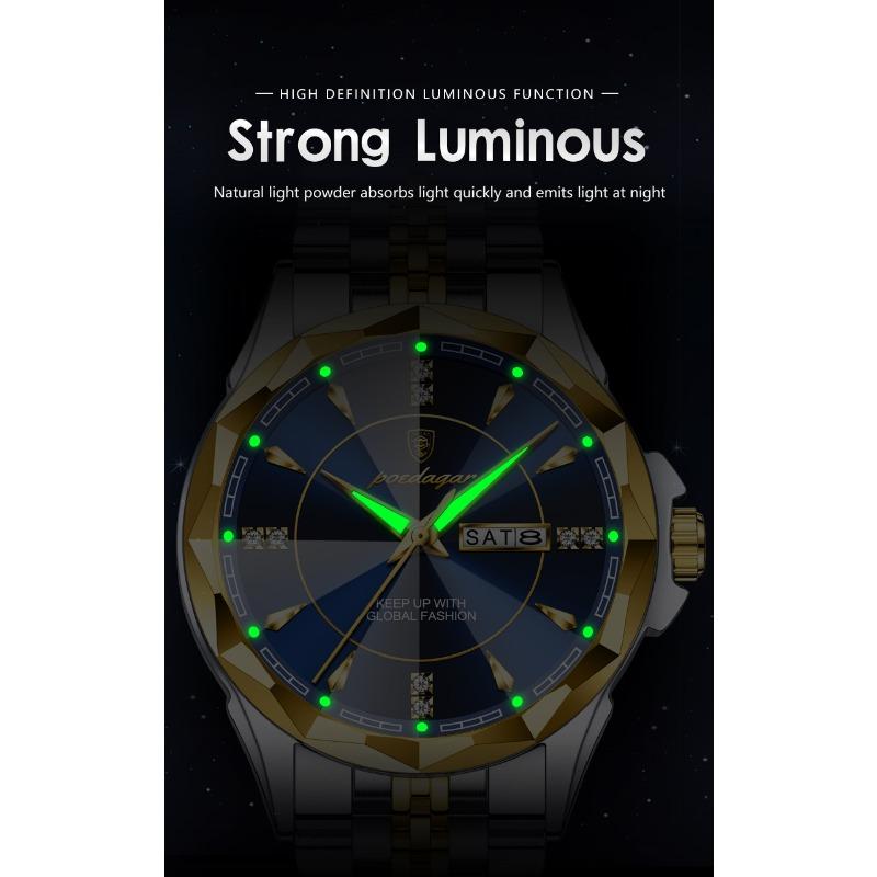 POEDAGAR Top Fashion Man Clock Business Waterproof Luminous Date Week Wristwatch Quartz Stainless Steel Casual Watches