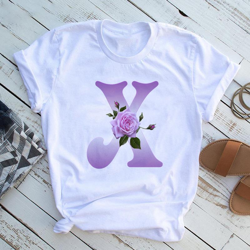 New English Name Rose Monogram Printed Tshirt Flower Short Sleeve Top Tshirt Women Clothing Graphic T Shirts Tops Aesthetic