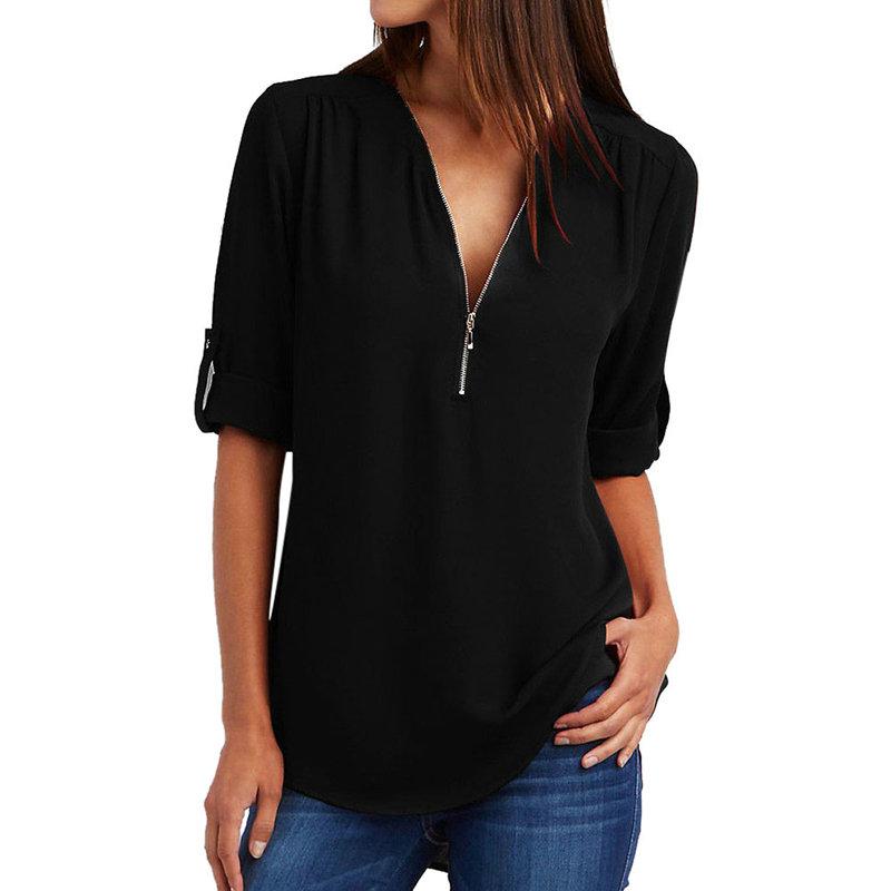 V-neck Shirt Plus Size Women's Clothing Long Sleeve Zipper Bottoming Shirt