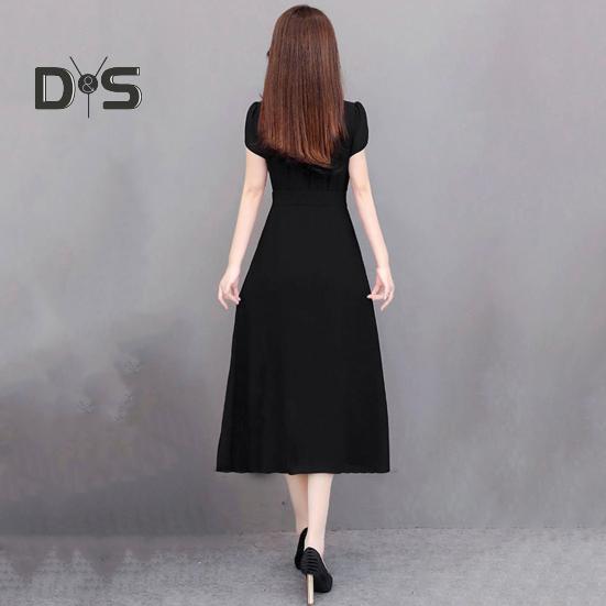 Summer Lady Dress Round Neck A-line Short Sleeves Slim Waist Plus Size Pure Color Slim Fit Mid-calf Length OL Commute Midi Dress