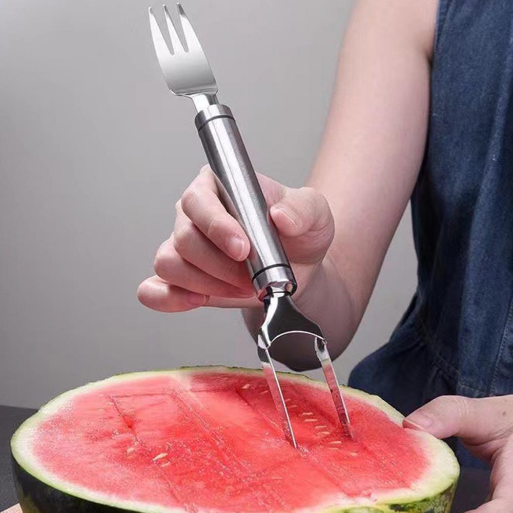 22/25cm Watermelon Cutter Slicer Tool Stainless Steel 2-In-1 Fruit Cutter Melon Cube Cutter Fork Gadget For Family Camping Party