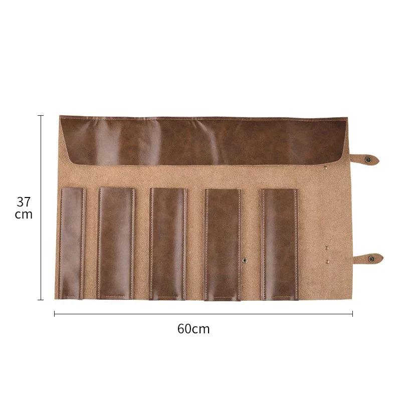 

Leather Chef Knife Bag Portable Two-Layer Cowhide Knives Storage Roll Bag Kitchen Camping Cooking Knife Carry Case Pockets Pouch коричневый