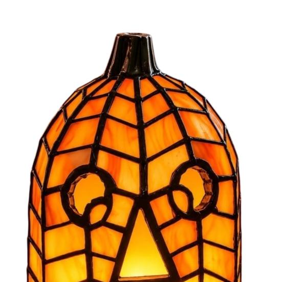 Eerie Demonic Face Sculpture Stained Glass Pumpkin Lamp, Halloween Fall Table Lamp with Warm Glow, Holiday Party Centerpiece USB Powered Resin Orange
