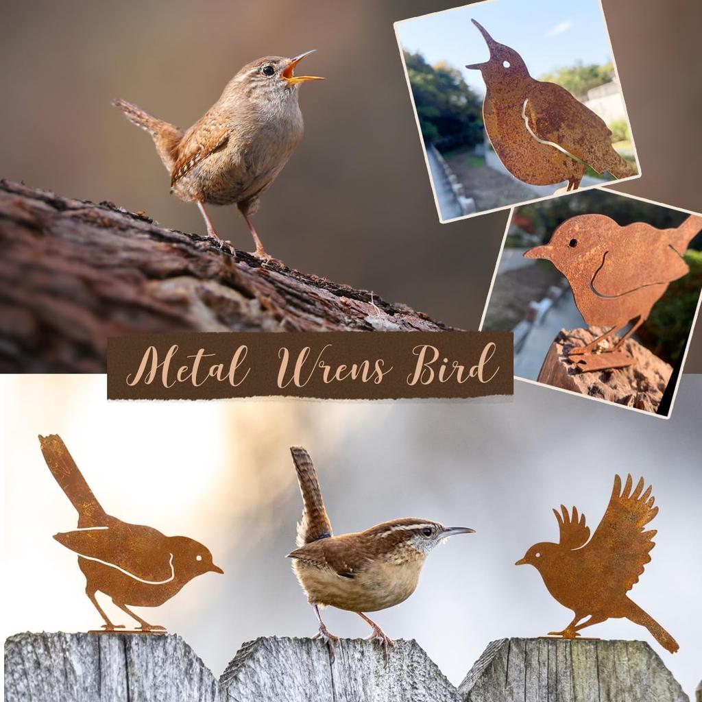 5PCS Rusty Birds Decoration, Wall Fence Hummingbirds Craft Statue Ornaments,Garden Sculptures and Yard Art,Rustic Garden Farmhouse Decor,