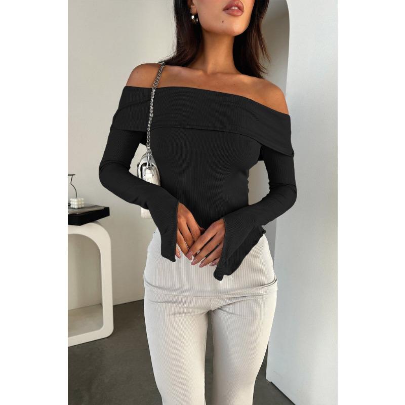 

Женский весенне-осенний сексуальный топ с прямым вырезом и открытыми плечами, длинными рукавами, футболка, базовый слой M чёрный